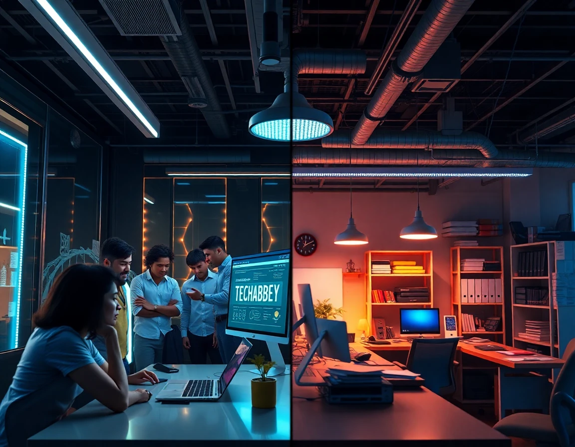 Comparison of modern Techabbey interface versus traditional paper-based office methods, highlighting innovation