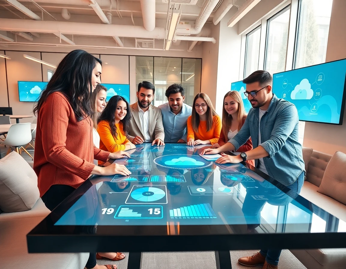 Young professionals collaborating with digital tech touchscreen about cloud solutions