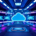 Futuristic cloud computing hologram in a high-tech command center