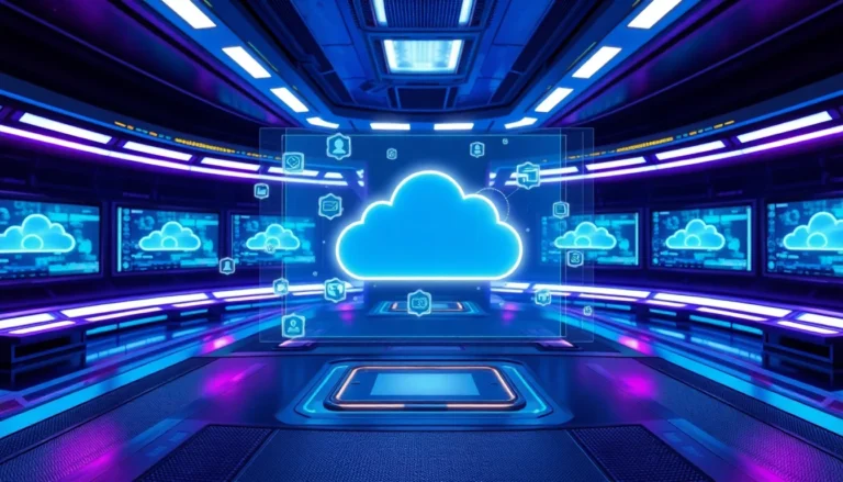 Futuristic cloud computing hologram in a high-tech command center