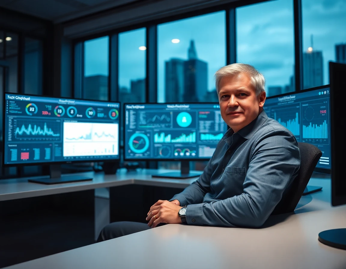 IT strategist analyzing cloud data dashboards in a modern office setting