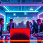 Futuristic technological workspace with team using advanced sevenseventech devices