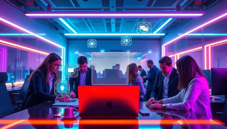 Futuristic technological workspace with team using advanced sevenseventech devices