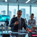 Futuristic digital newsroom with diverse professionals and holographic data displays