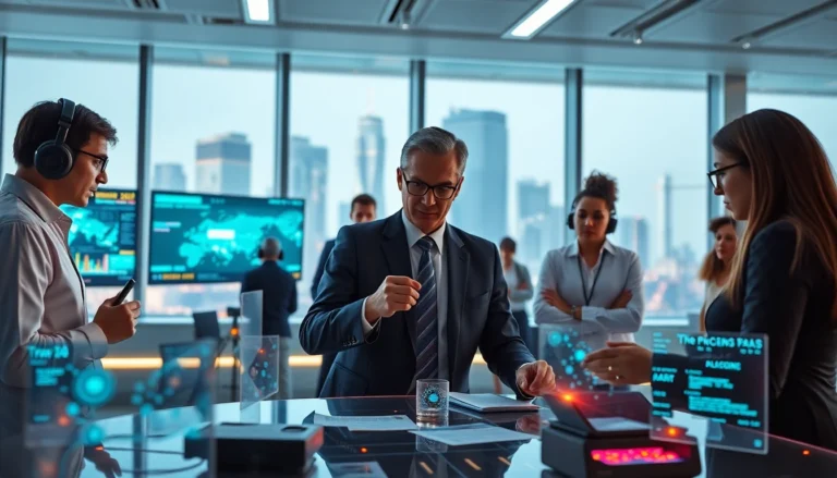 Futuristic digital newsroom with diverse professionals and holographic data displays
