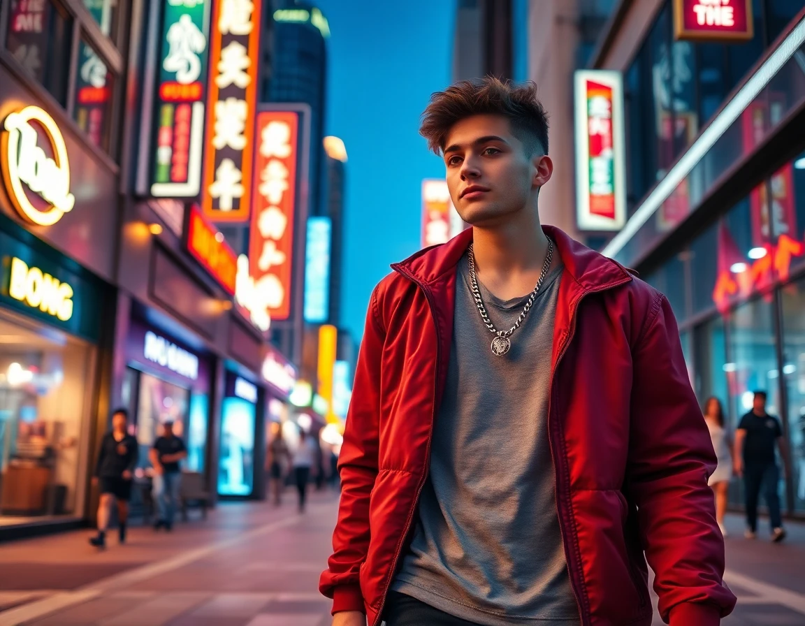 Young man in trendy streetwear walking in vibrant city street at dusk, energetic and modern scene
