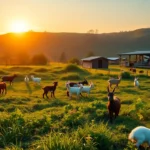 Veganizoo sanctuary at dawn with grazing vegan animals in lush landscape