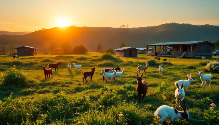 Veganizoo sanctuary at dawn with grazing vegan animals in lush landscape