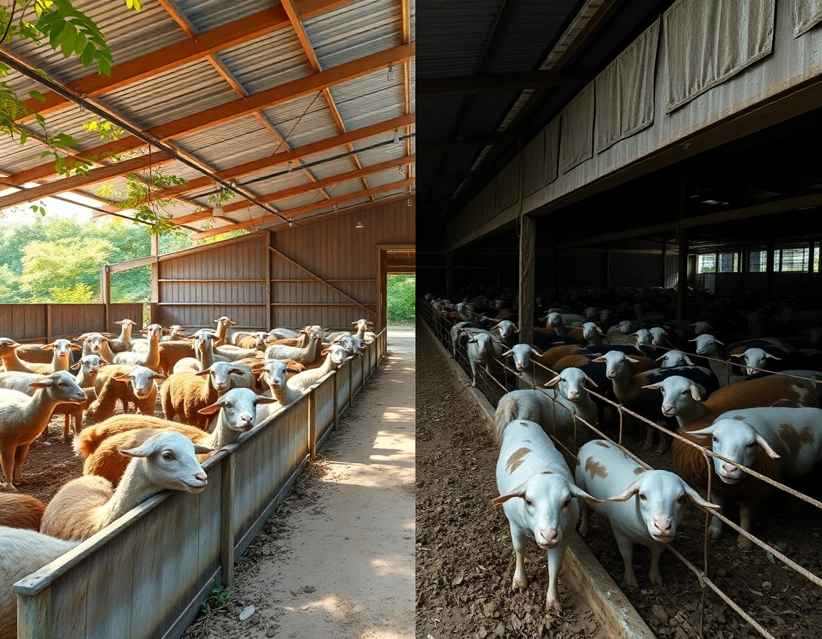 Comparison of vegan sanctuary and traditional farm with stressed animals