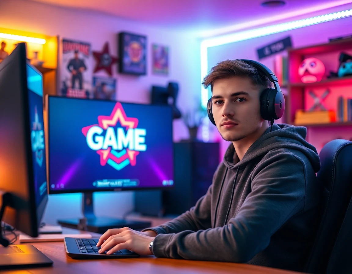 Young male gamer with headphones at a colorful gaming setup, showcasing branding ideas for YouTube channels