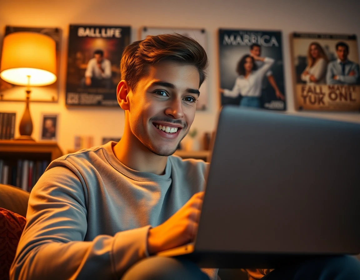Young man excitedly browsing movies on laptop in cozy living room with warm lighting