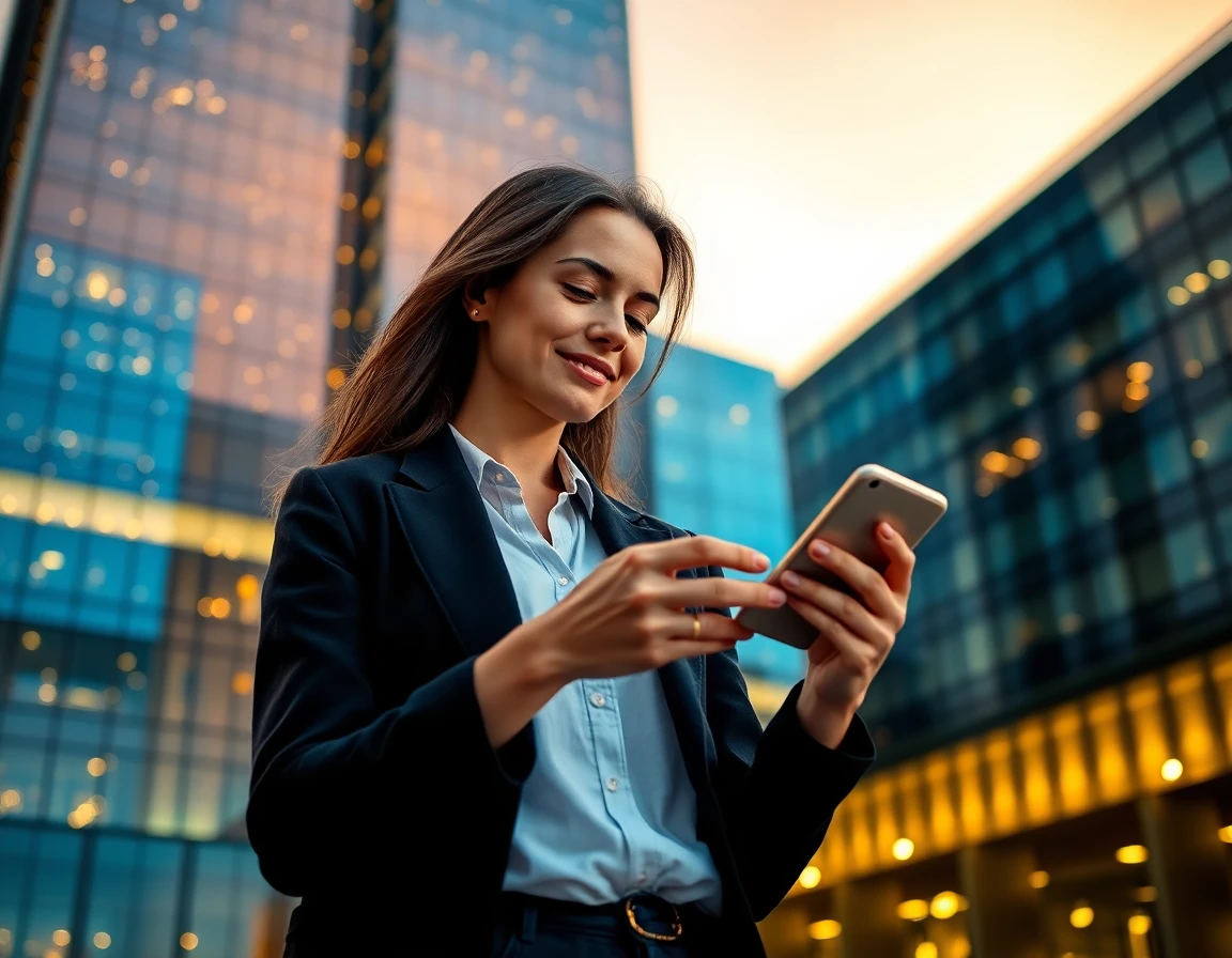 Young woman using financial app outside skyscraper at dusk, representing modern financial strategies