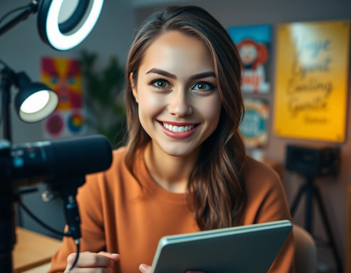 Young woman vlogger smiling with microphone, cozy studio, colorful background, warm lighting, professional portrait